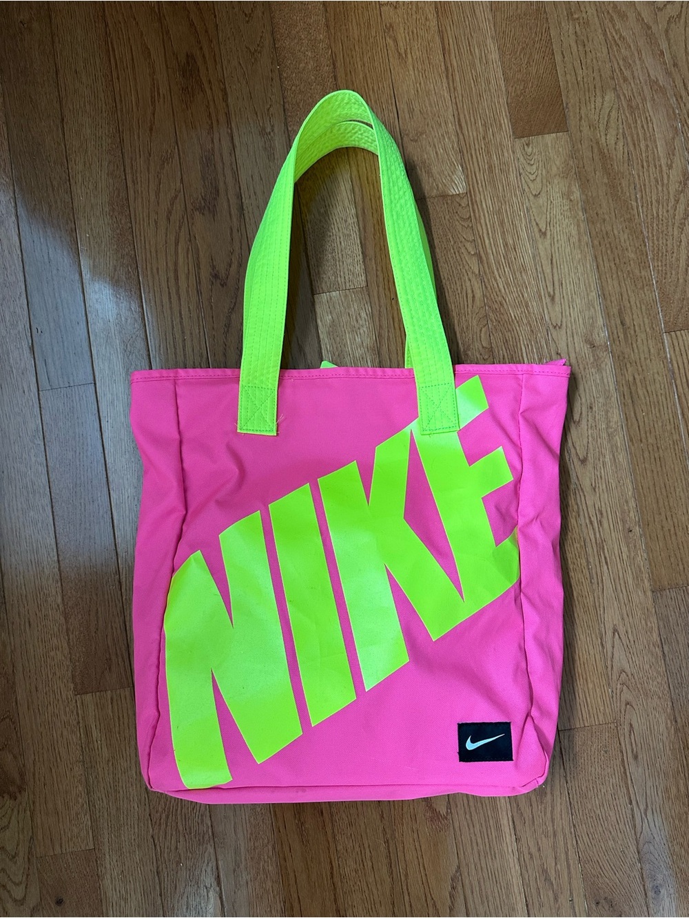 Nike Pink Tote with Neon Yellow Logo and Straps